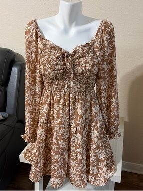 Moon River Cream Floral Brown Smocked Long-Sleeve Mini Dress